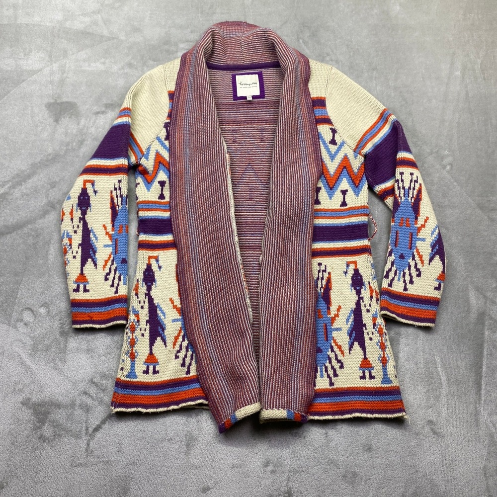 Heritage 1981 Southwestern Geometric Open Front Shawl Collar Cardigan Purple M